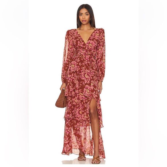 ASTR The Label Anora Dress Rust Floral print chiffon peasant maxi Revolve S - Picture 1 of 10